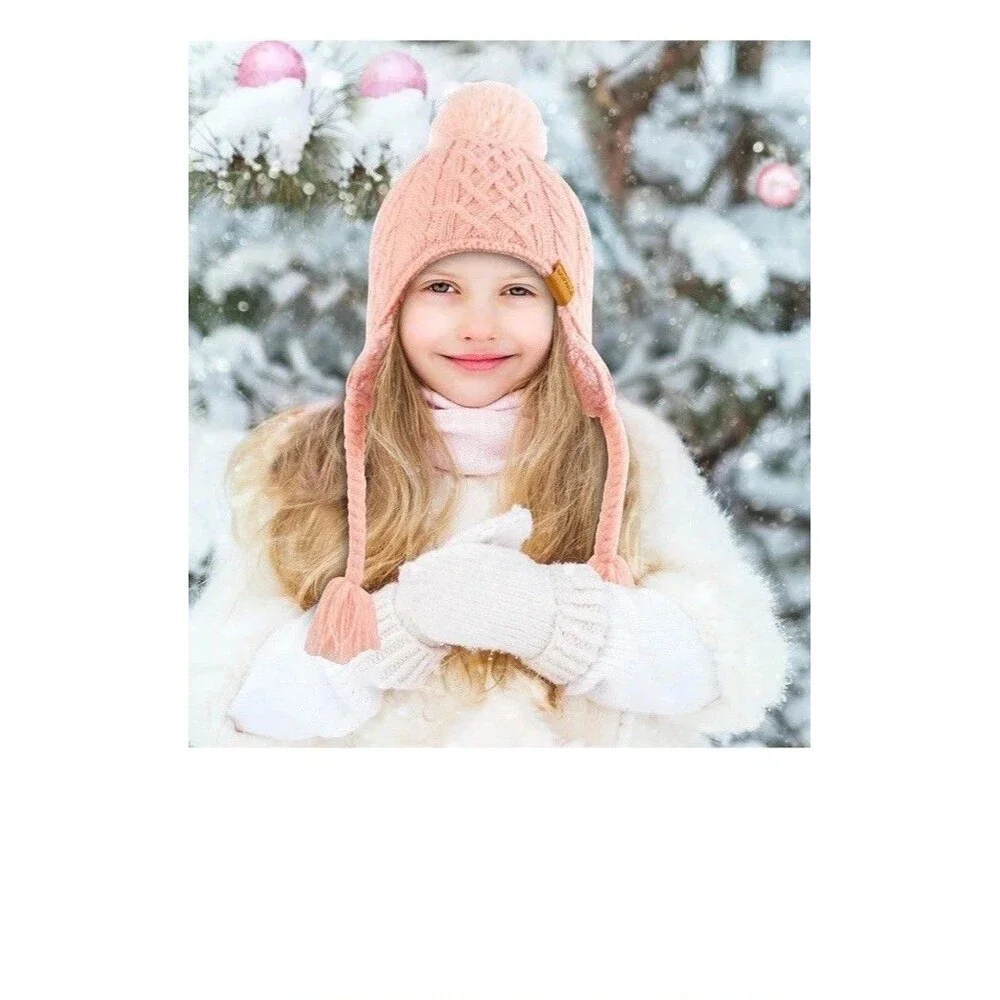 Boys Girls Beanie Hat Fleece Lined Knit Kids Hat with Ear 4-10 Years Black